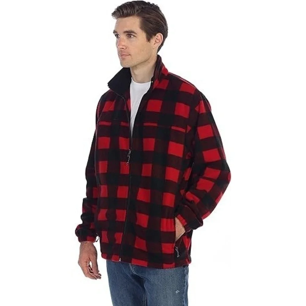 Men's Red and Black Plaid Polar Fleece Jacket - Full‎ Zip Up - (X-Large)